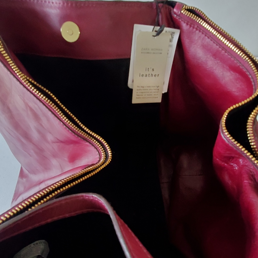 Zara Burgundy Leather Tote Bag - Picture 8 of 13